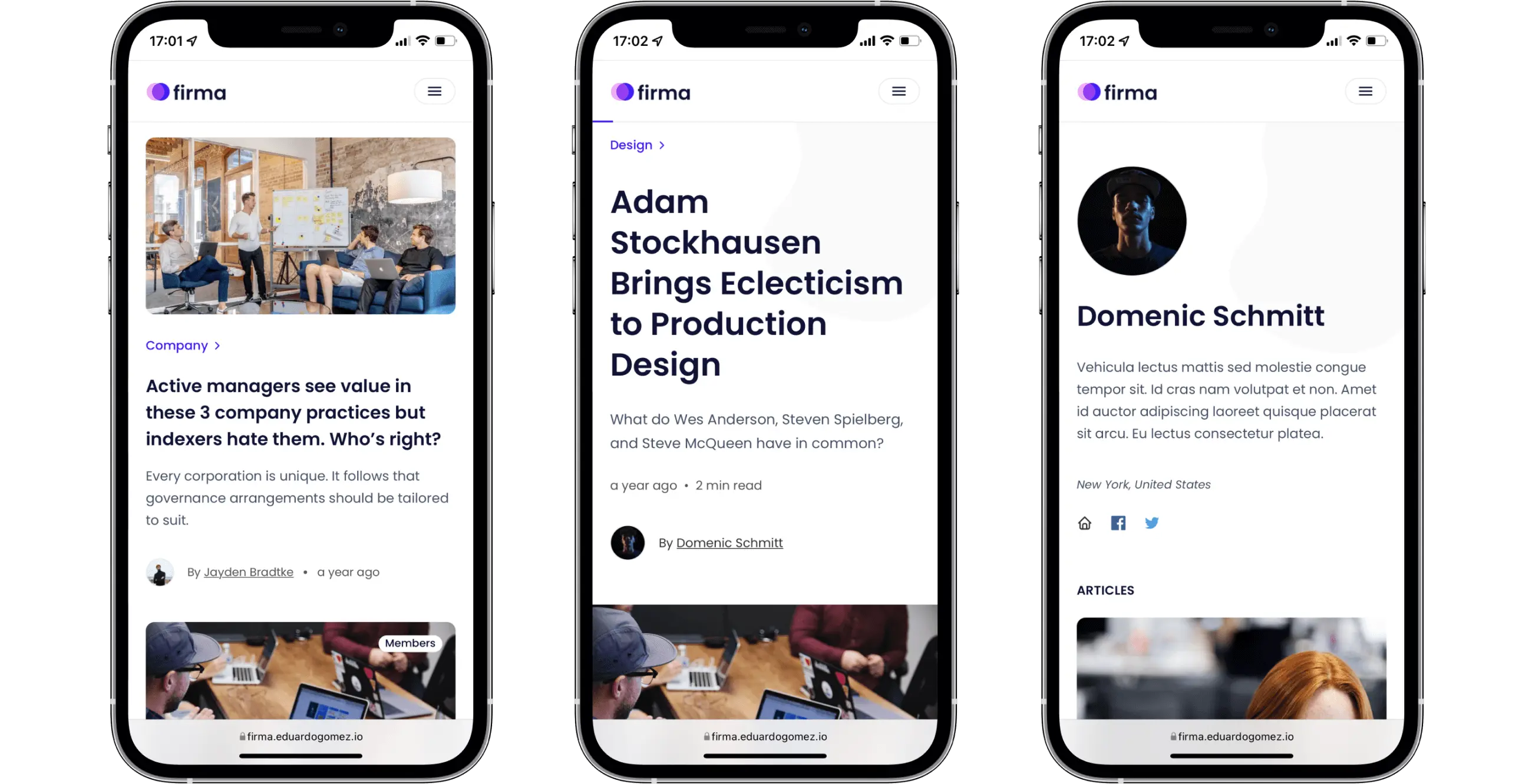 List of articles, article page and author page viewed on a mobile device.