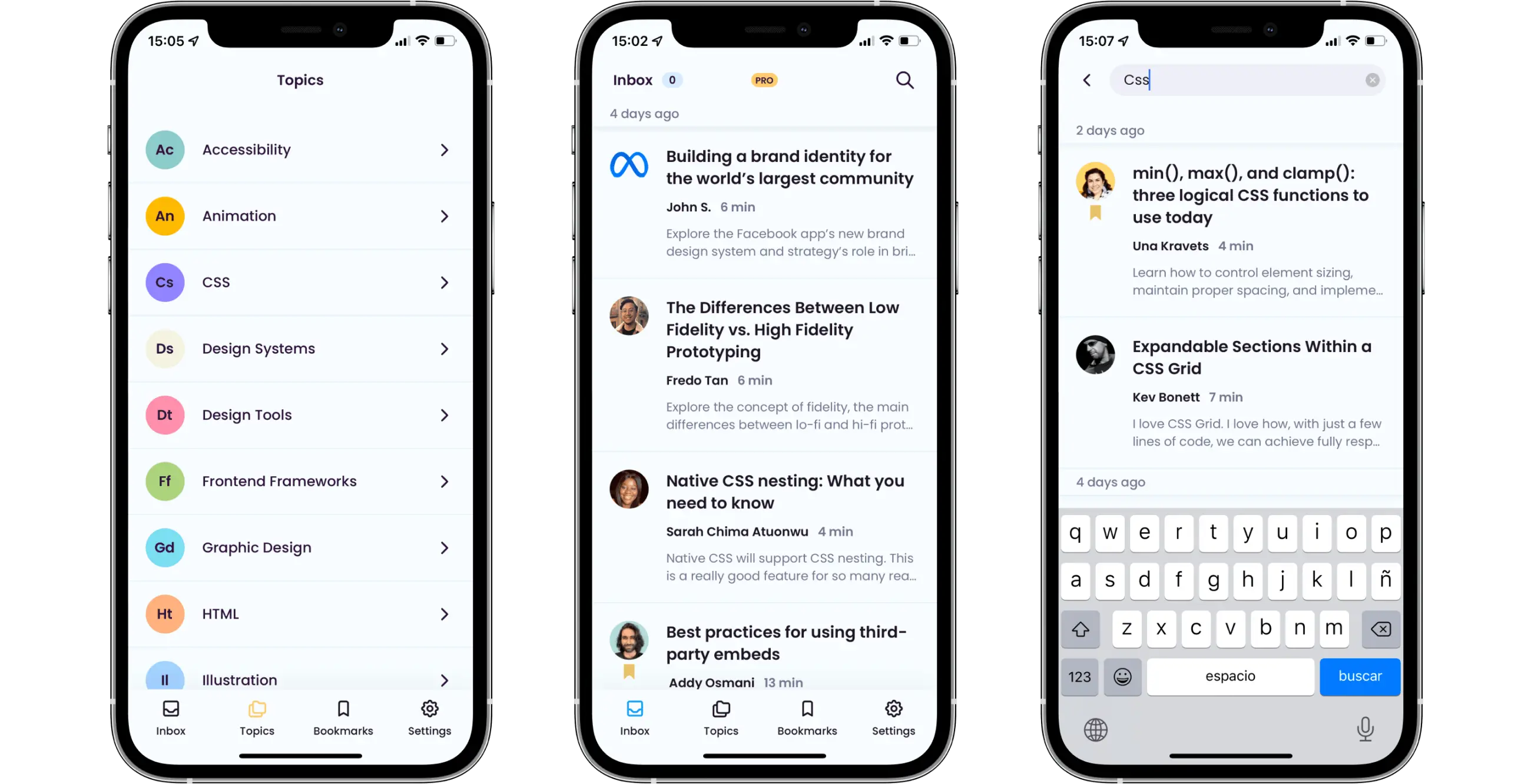 App screens showing the list of topics, the inbox and search.