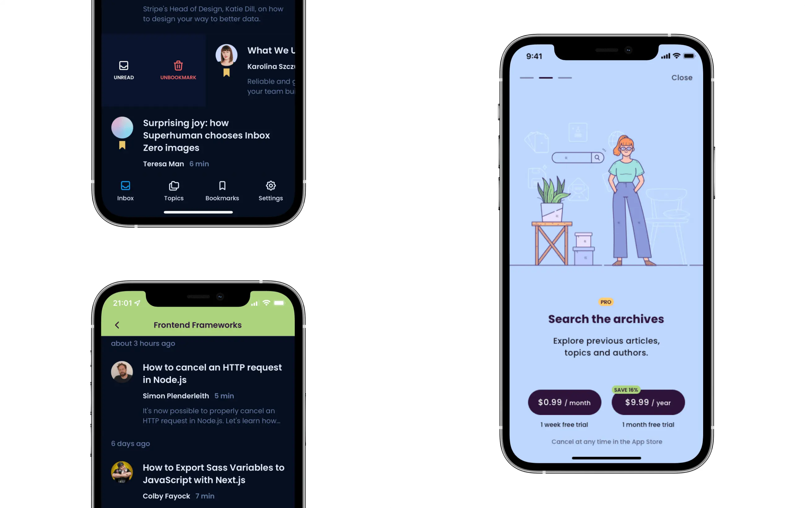 Screens of the app in dark mode and Mabel Pro subscription screen.