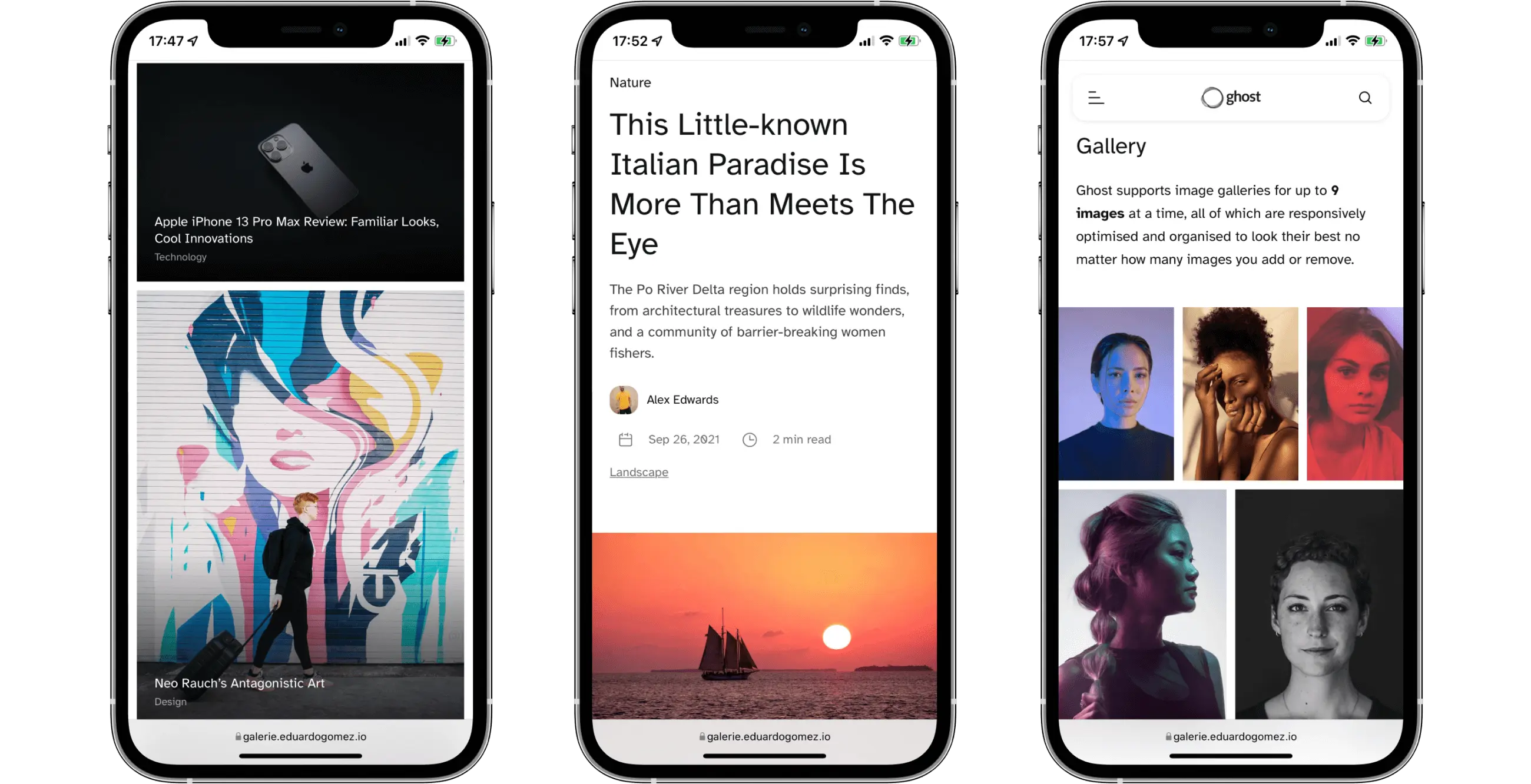 Home page, article page and style guide viewed on a mobile device.