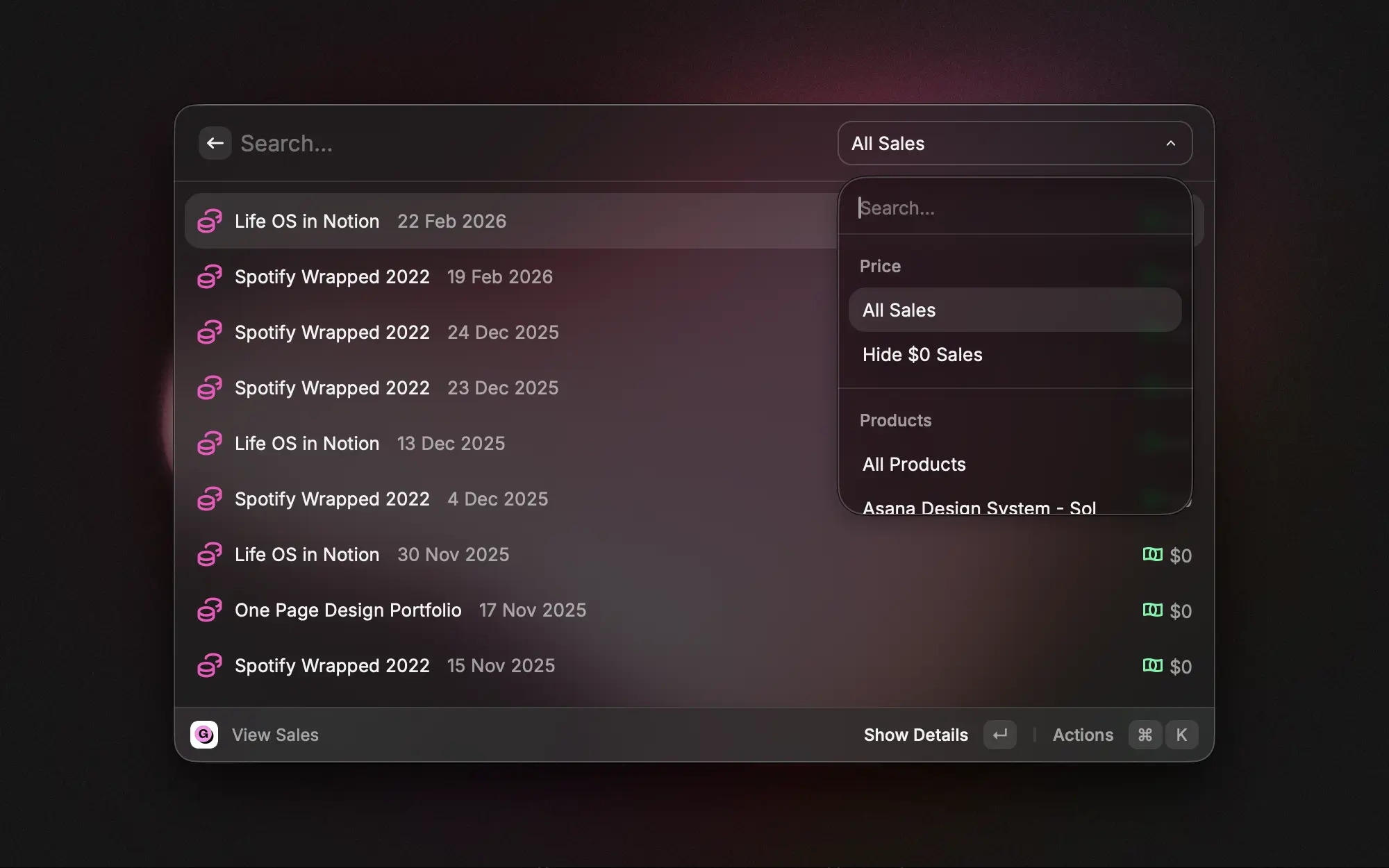 View with the list of all sales with the available filters