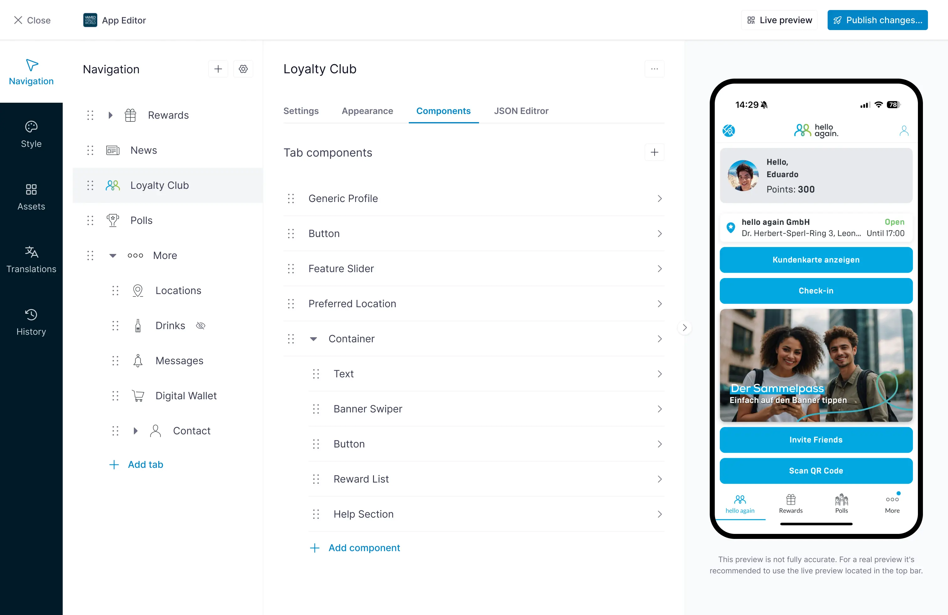 Editor interface where a dashboard manager can design their own app.