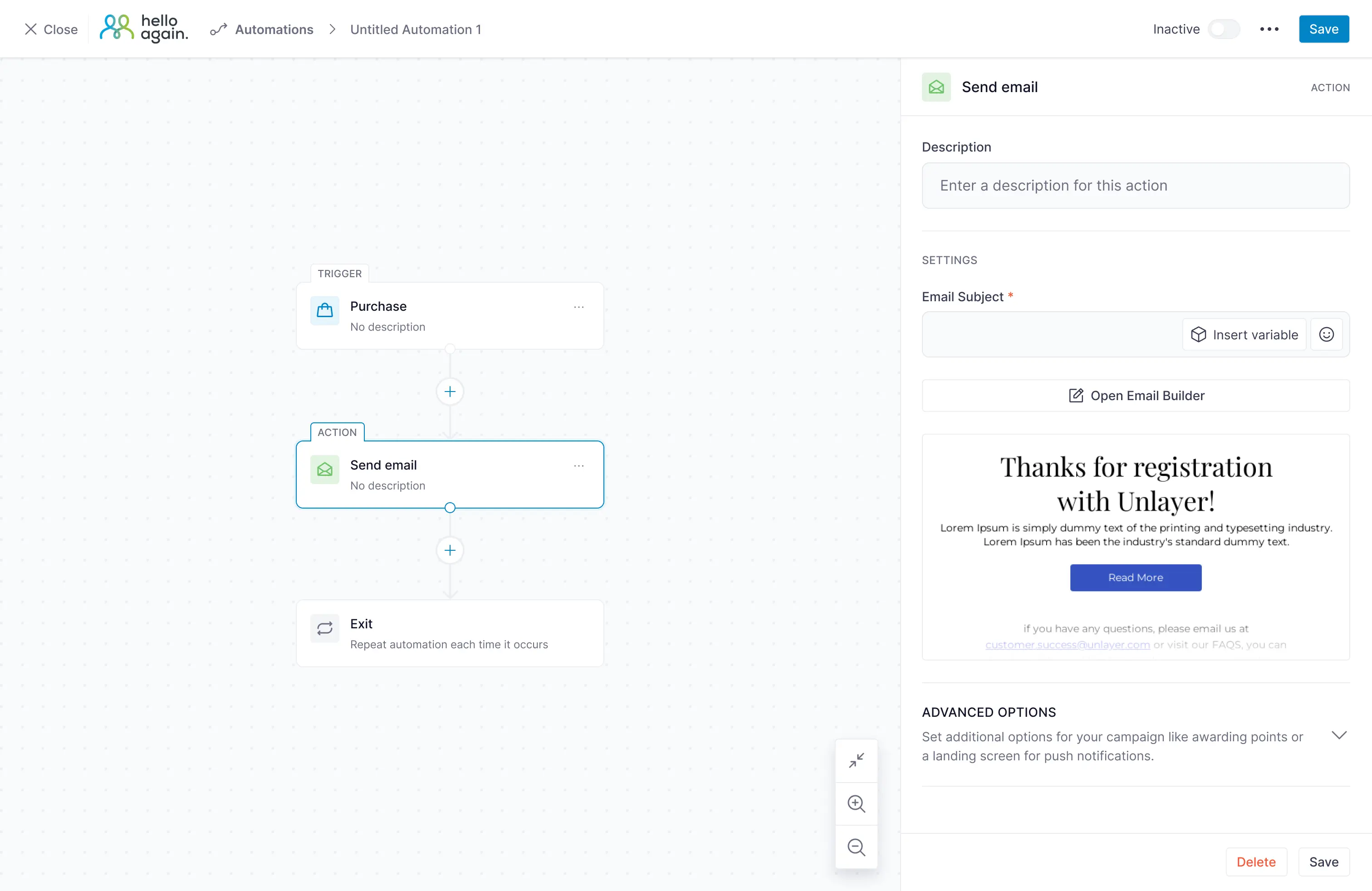 Builder interface where a dashboard manager can visually create automations.
