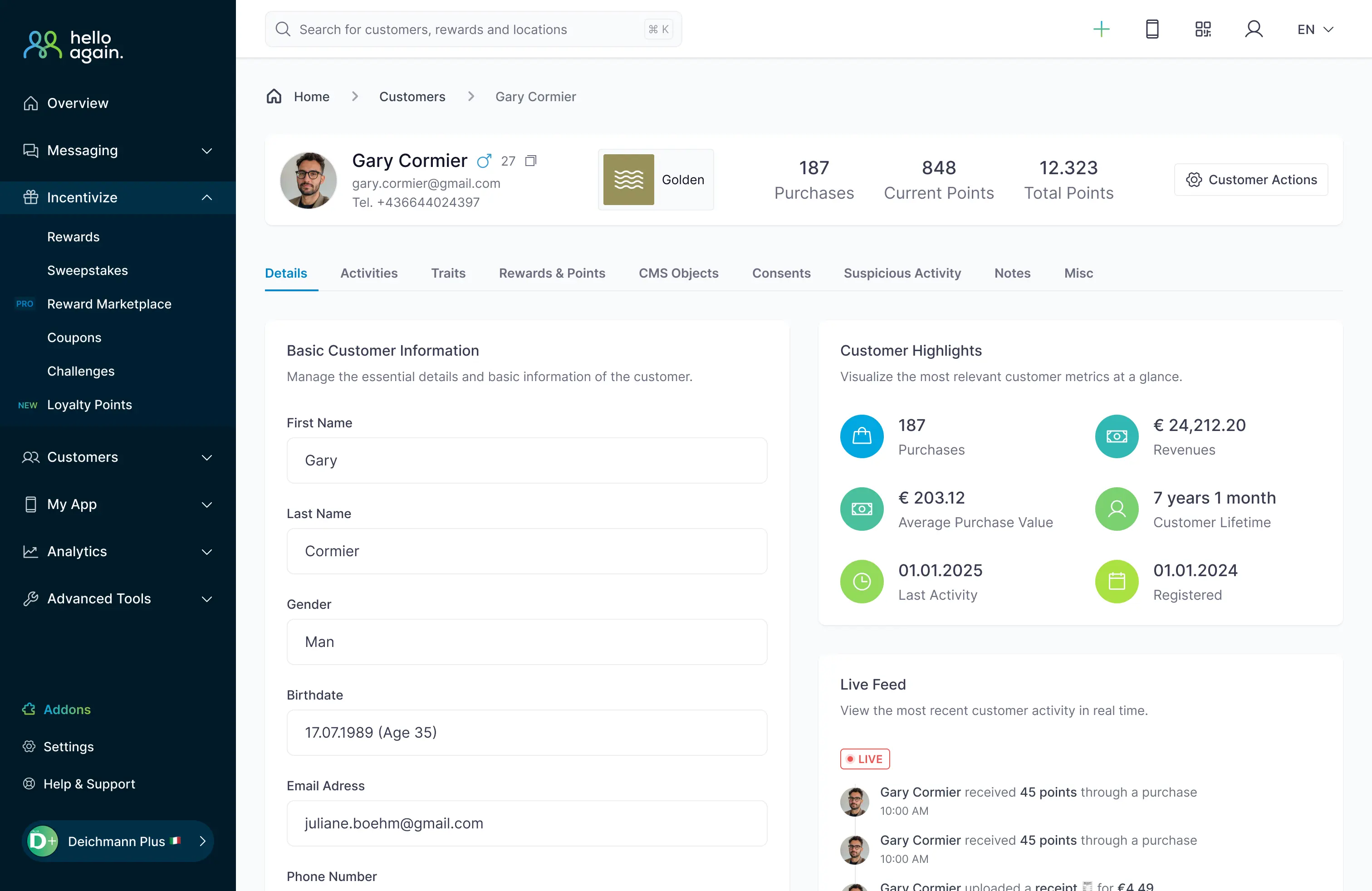 Screenshot showing a customer's profile details.