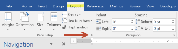 Screenshot of the Word Ribbon Layout Tab, showing the Page Setup drop-down arrow