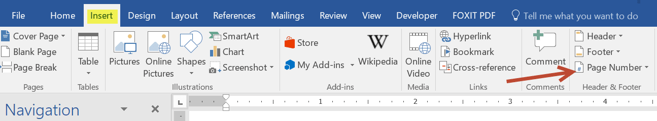 Image showing how to insert page number in word.