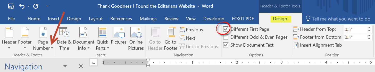 Image: showing the header and footer tab in MS Word.