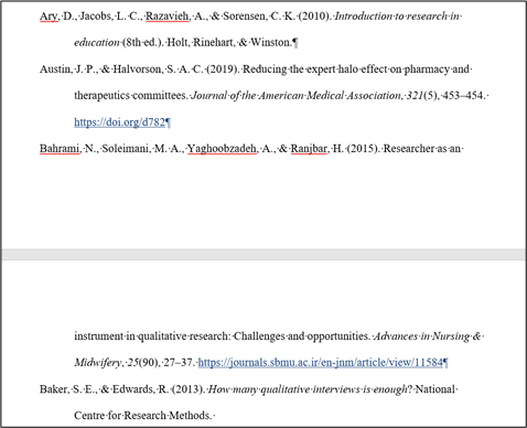 screenshot: APA references with hidden characters shown