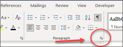 screenshot: Opening Paragraph Settings in Word