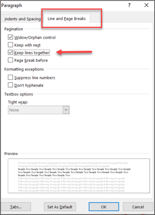 screenshot: enabling Keep Lines Together in Word