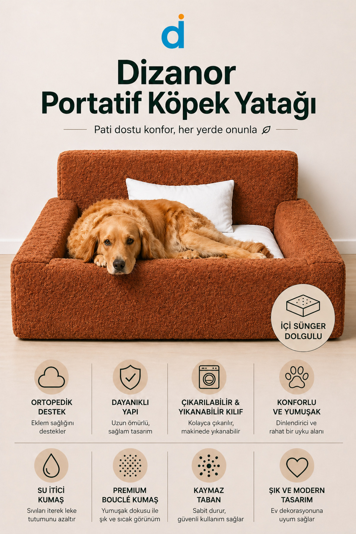 Dizanor SoftNest 3in1 Modüler Köpek Yatağı– Ortası Bombeli, Sünger Dolgulu, Anti - Slip Tabanlı ve Yastıklı Konfor Seti