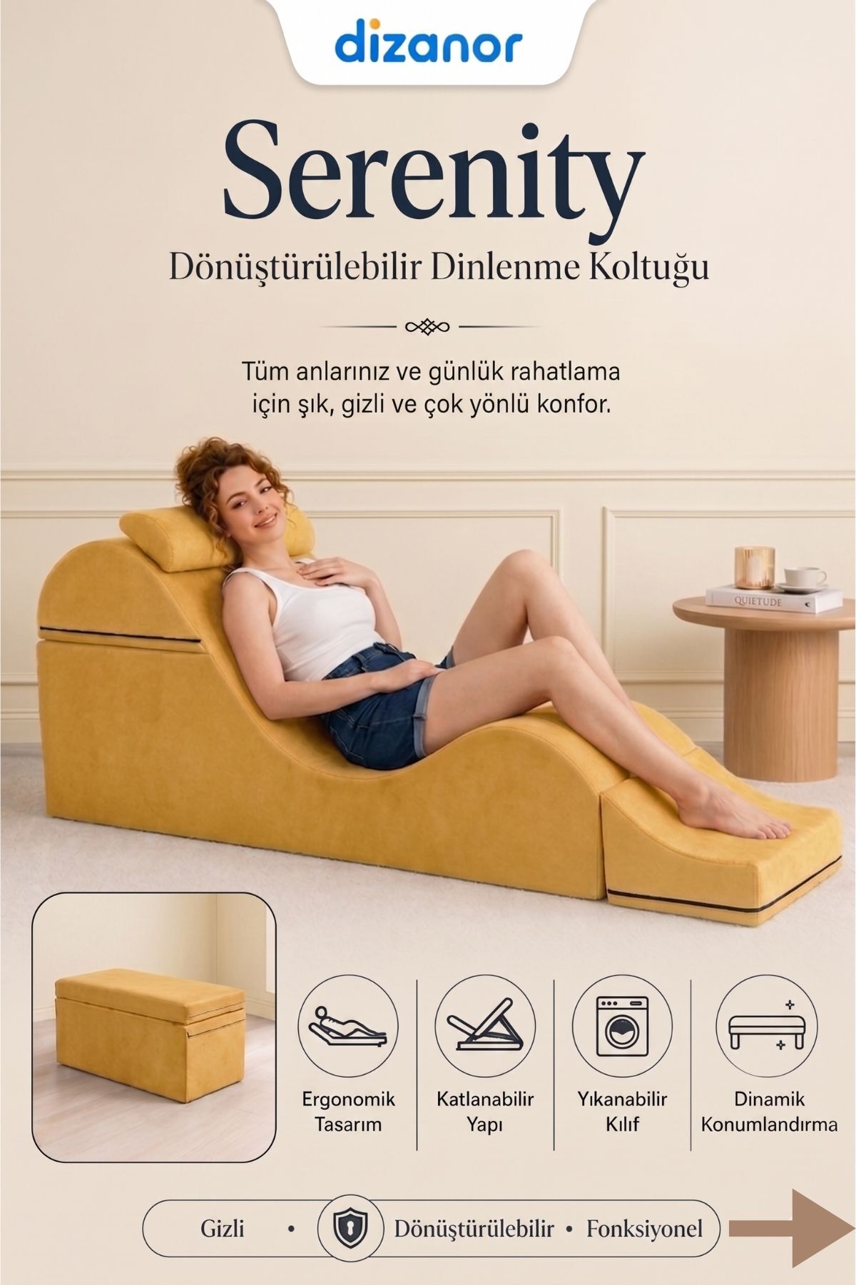 Dizanor Serenity Çok Amaçlı Dinlenme Koltuğu Katlanabilir Bench Formlu Şezlong Yetişkin Çiftler İçin Ergonomik Destek Minderi