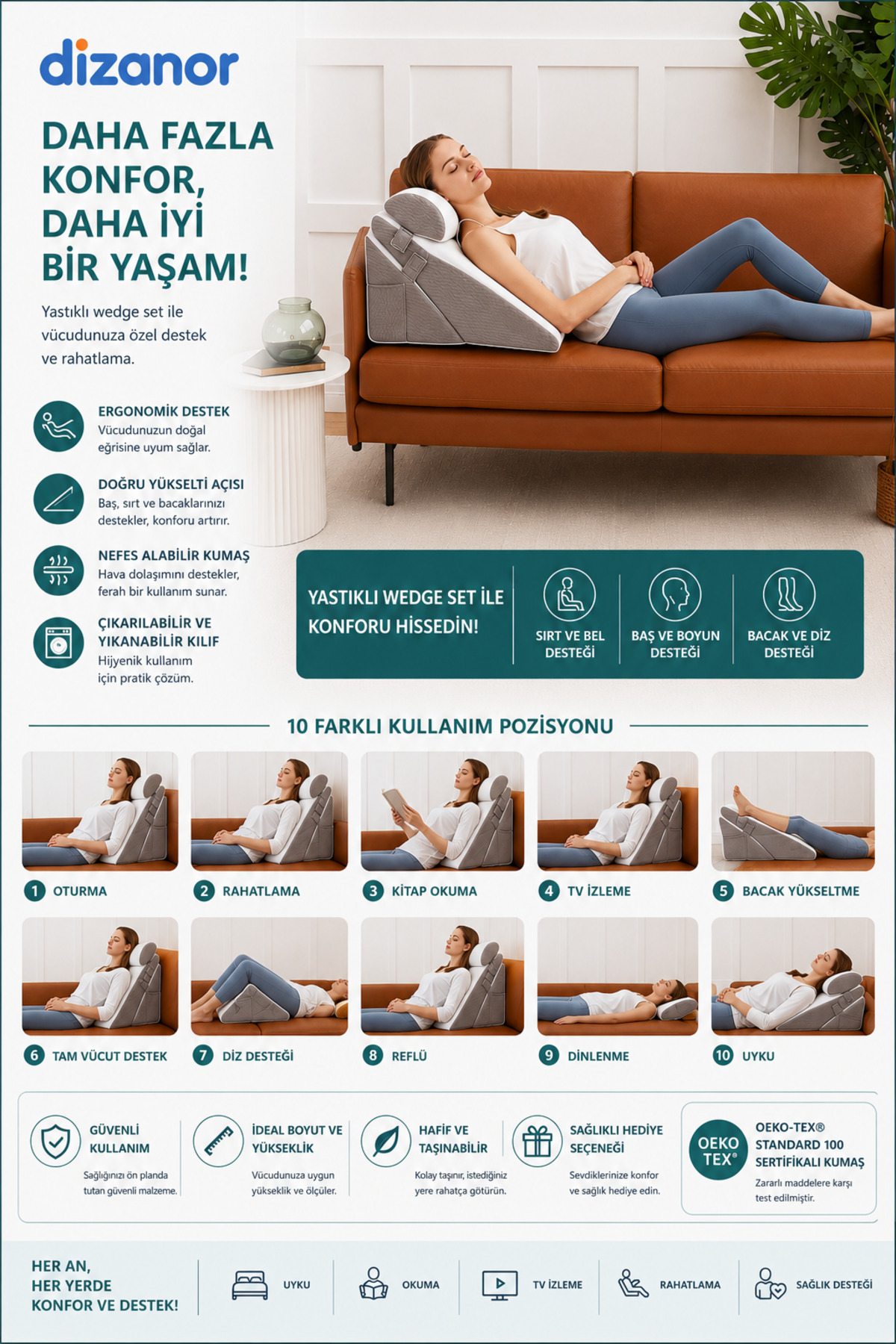 Dizanor LifeRest 10 Kullanımlı Konfor Yastığı, Ayarlanabilir Wedge Destek Minderi