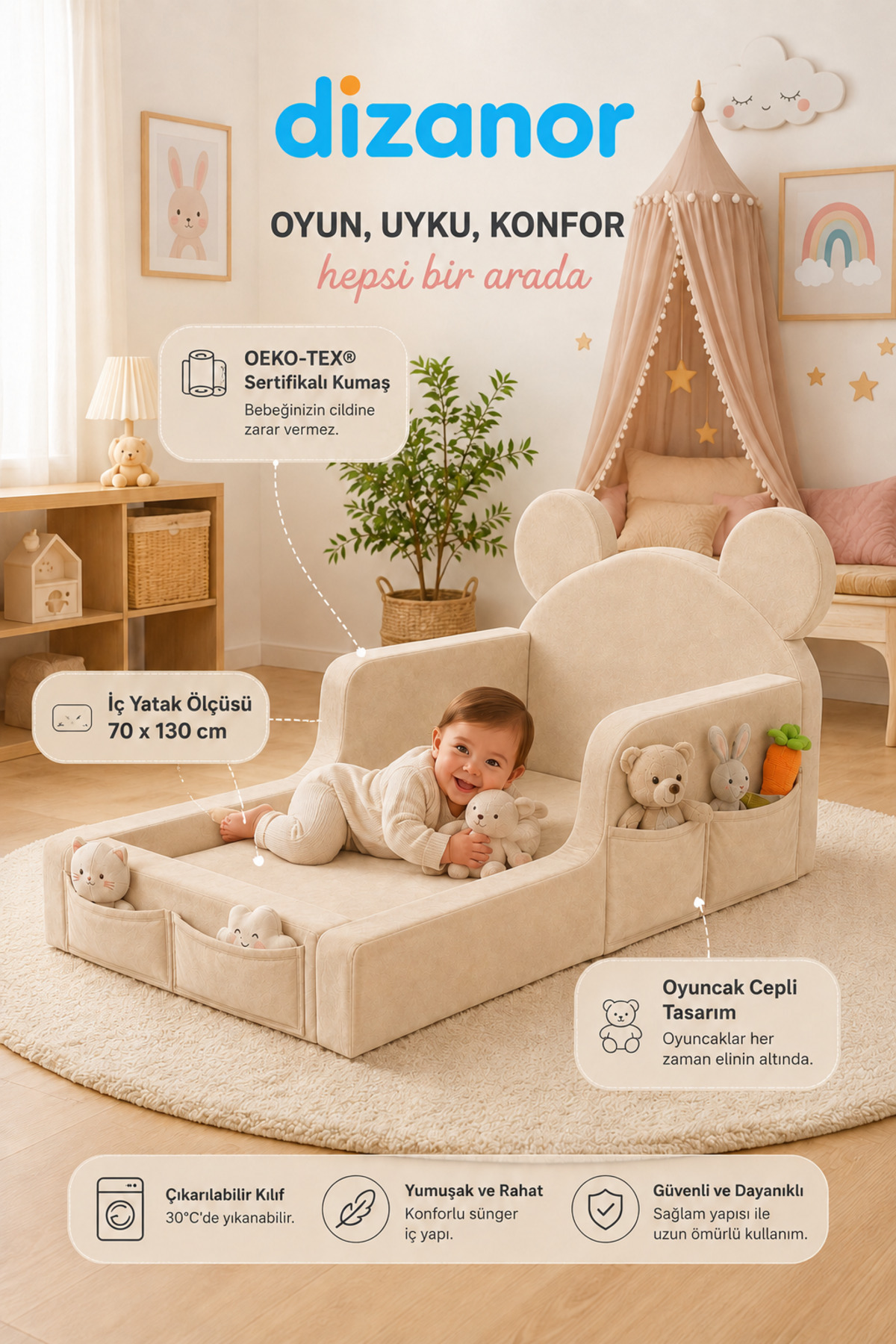 Dizanor Luxury Tedyy Baza ve Başlıklı Montessori Full Sünger Yatak Seti