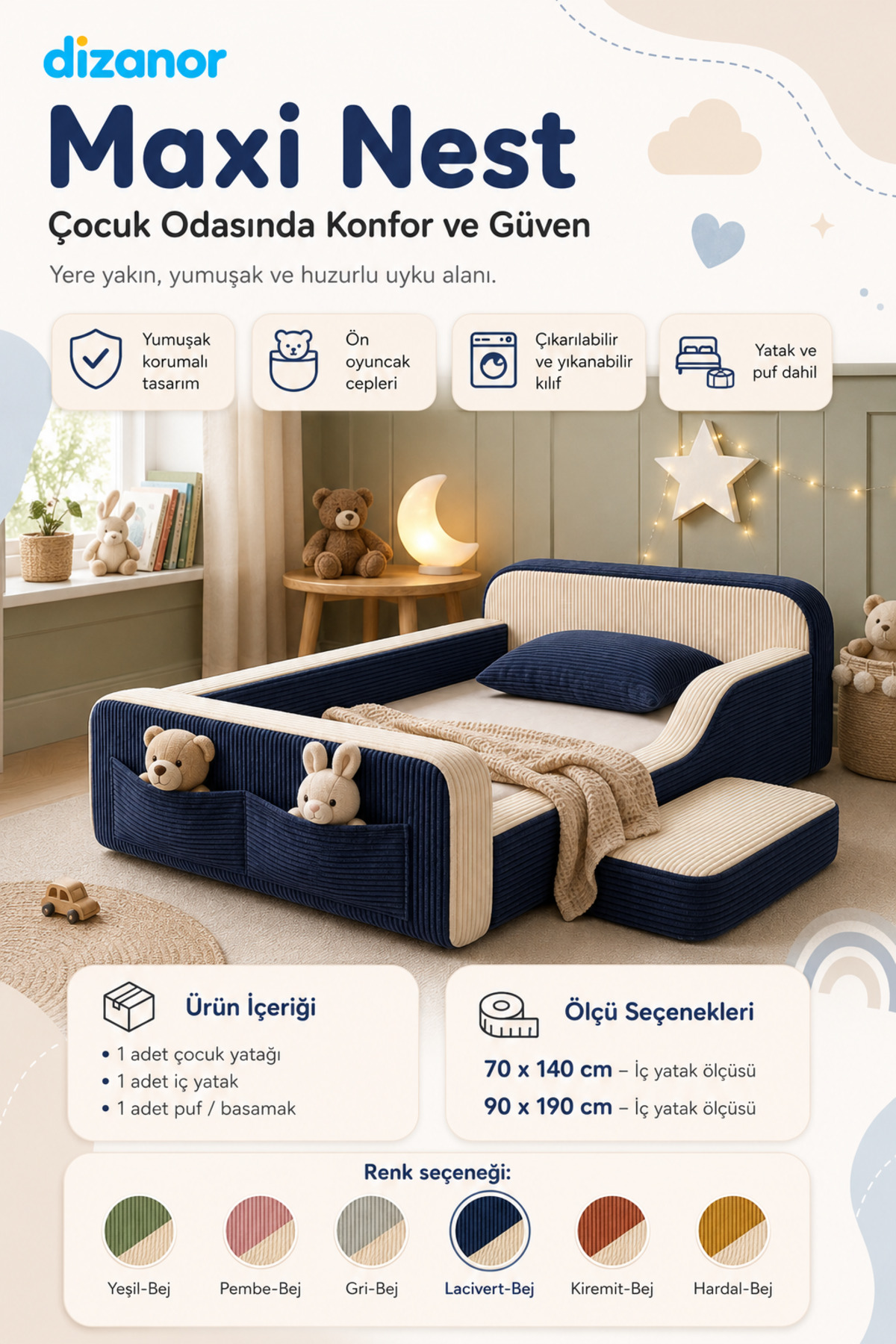 Dizanor Yeni Nesil Maxi Nest %100 Sünger ve Yıkanabilir Fermuarlı Kumaşa Sahip Bebek, Çocuk ve Genç Montessori Karyola Baza ve Başlık Yatağı Seti
