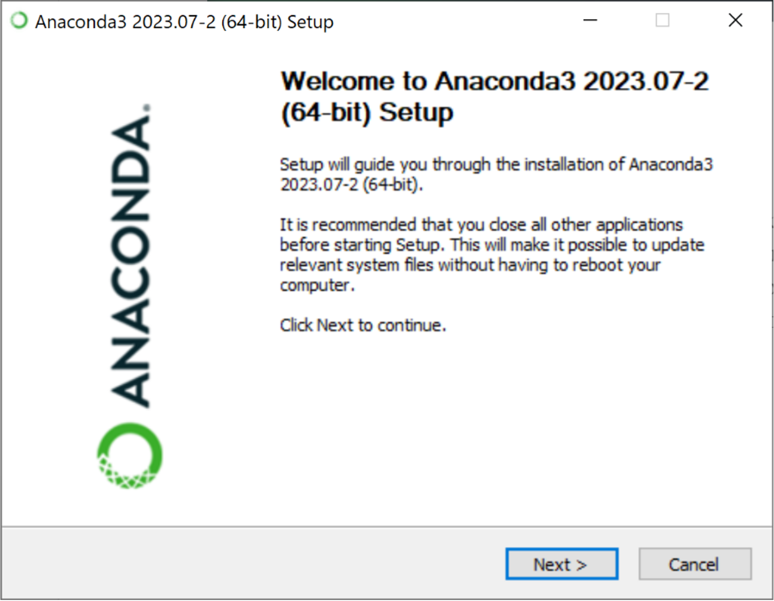 Anaconda3 64-bit setup window - Welcome to Anaconda3