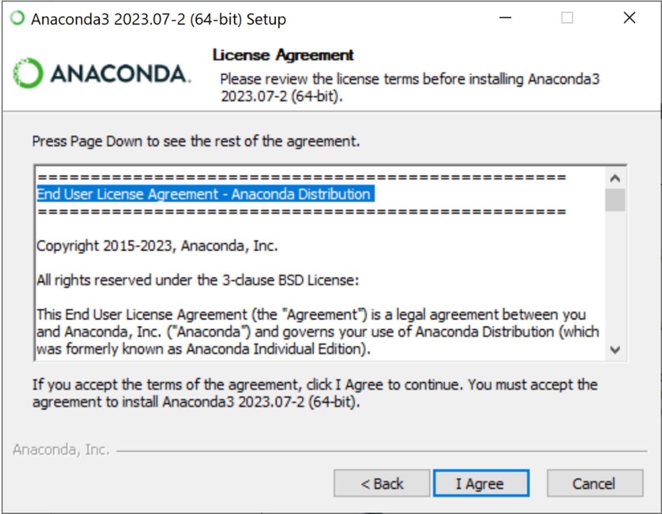 Anaconda3 64-bit setup window. End user licence agreement screen. Options "Back," "I Agree," and "Cancel."