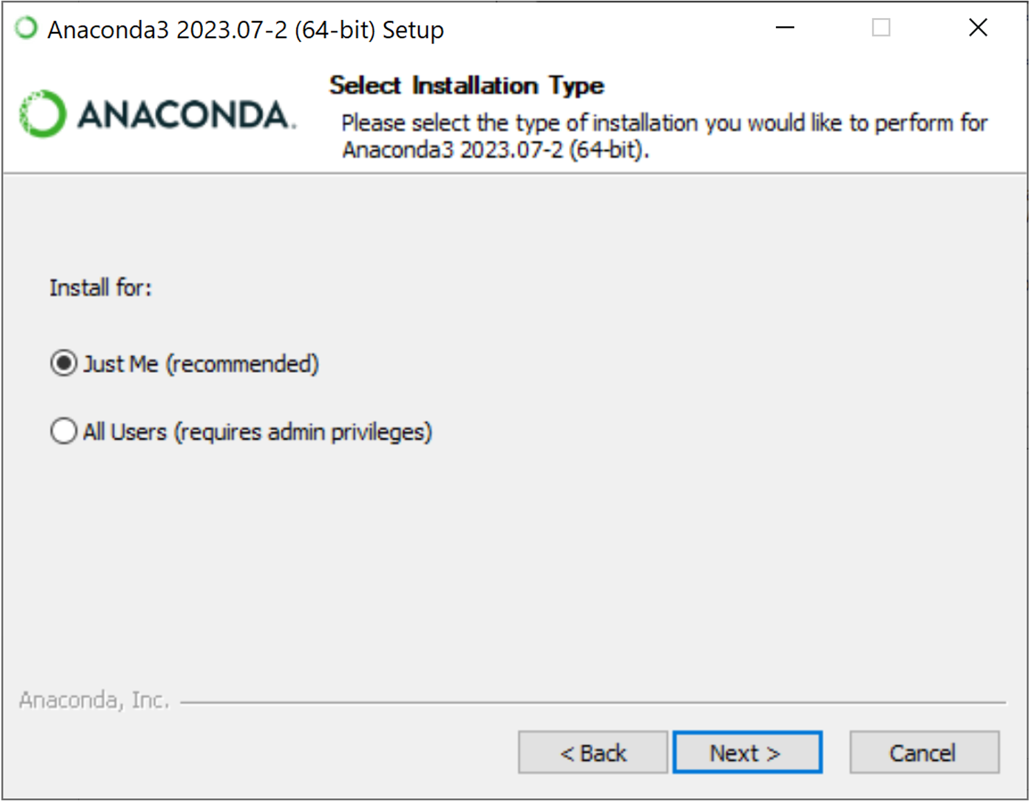 Anaconda3 64-bit setup window. Select installation type screen. Options "Just me" and "All users"