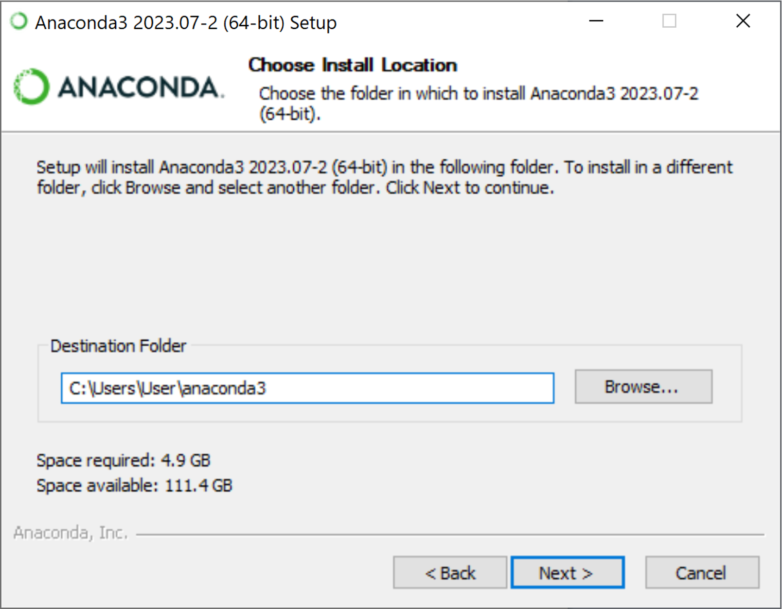 Anaconda3 installation window. "Choose install location" -screen. 