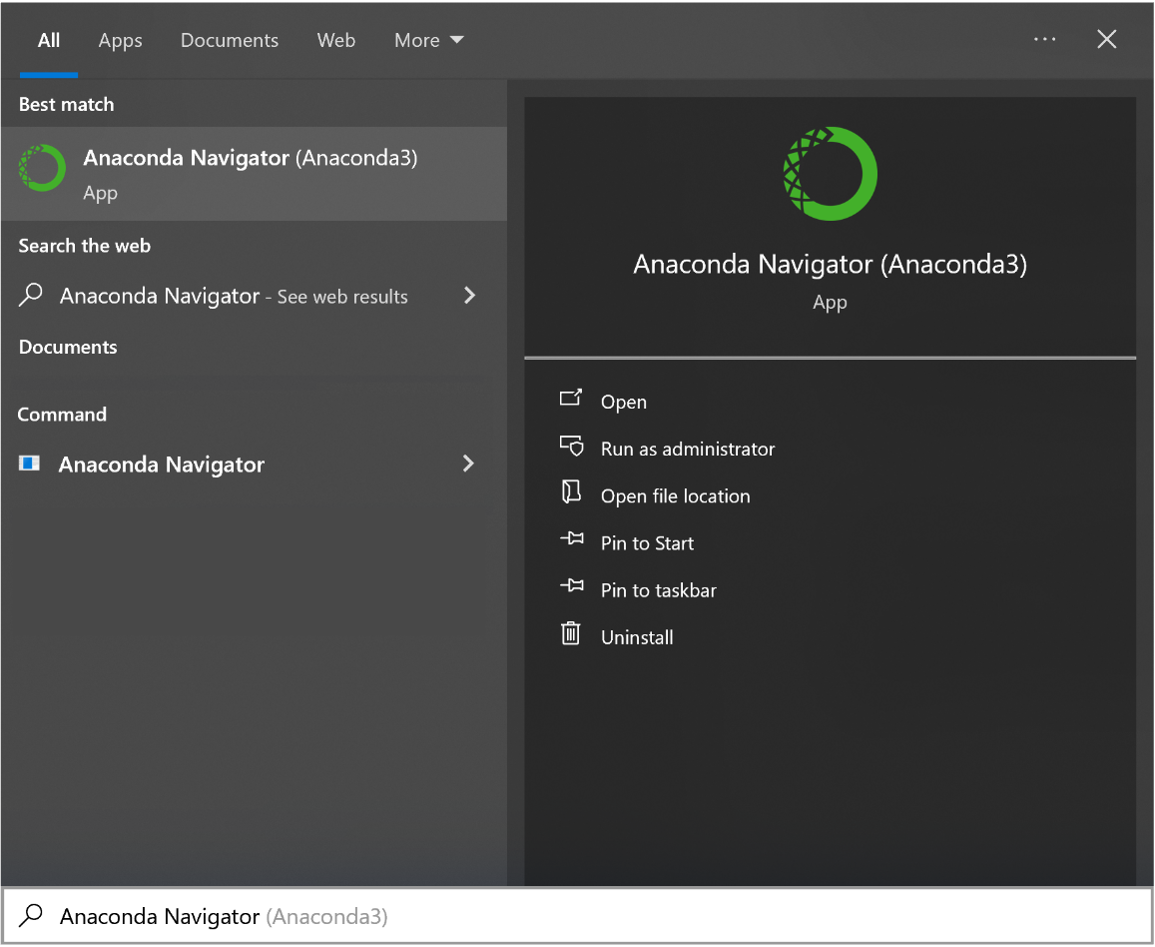 A screenshot of the search bar displaying the result when searching for Anaconda Navigator.