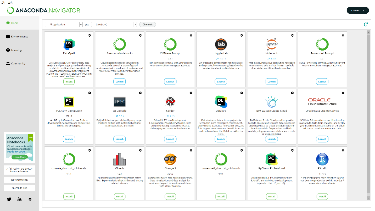 A screenshot of the opening screen of Anaconda Navigator. On the left hand side, the Anaconda Navigator logo and tabs. In the middle and right hand side are the available applications.