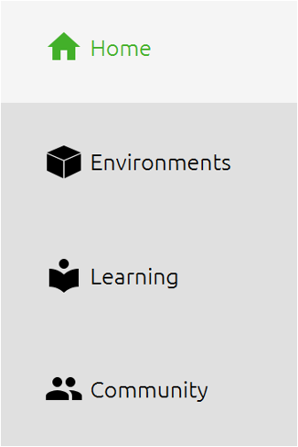 A screenshot of the four main tabs of Anaconda Navigator: Home, Environments, Learning, and Community.