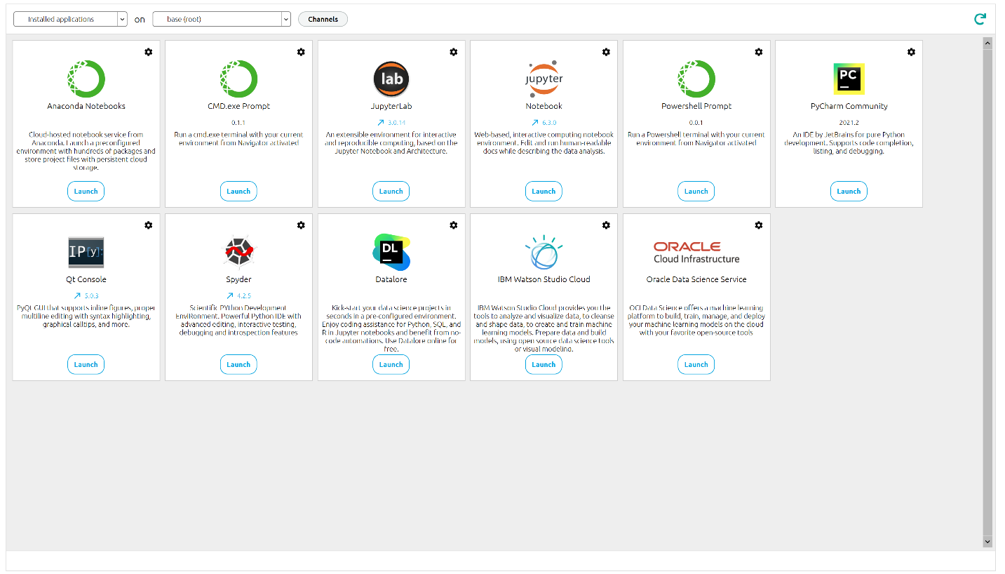 A screenshot of the Anaconda Navigator home tab displaying installed applications.