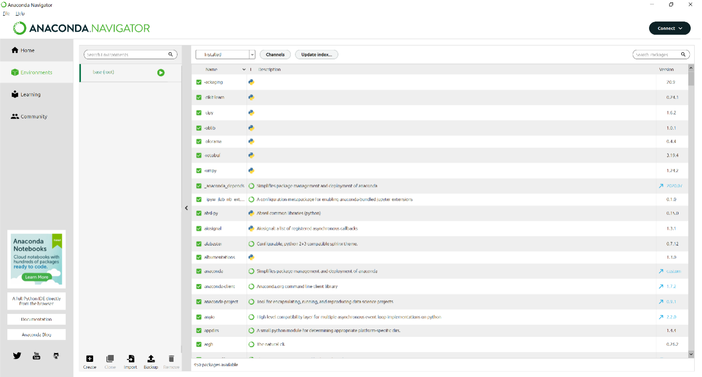 A screenshot of the Anaconda Navigator "Environments" -tab displaying environments and the packages installed in each environment.