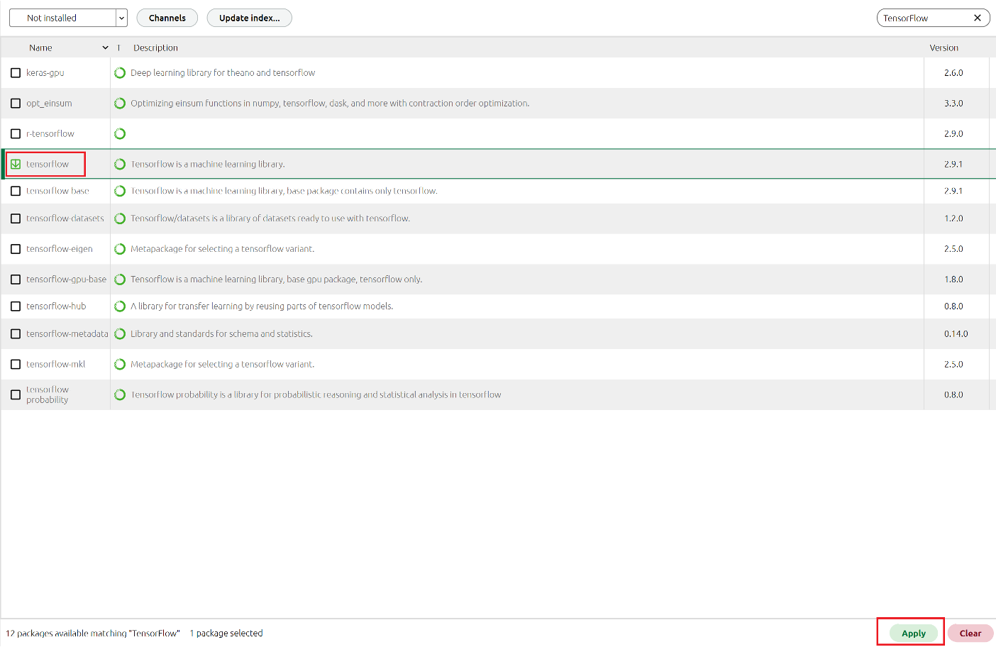 A screenshot of the package search results. The tensor flow package and "Apply" button outlined in red.