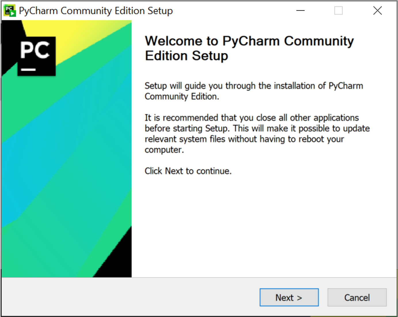 A Screenshot of The PyCharm Community Edition Setup window.