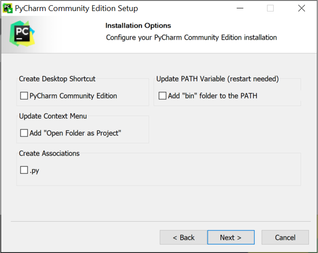 A screenshot of the PyCharm setup installation options.