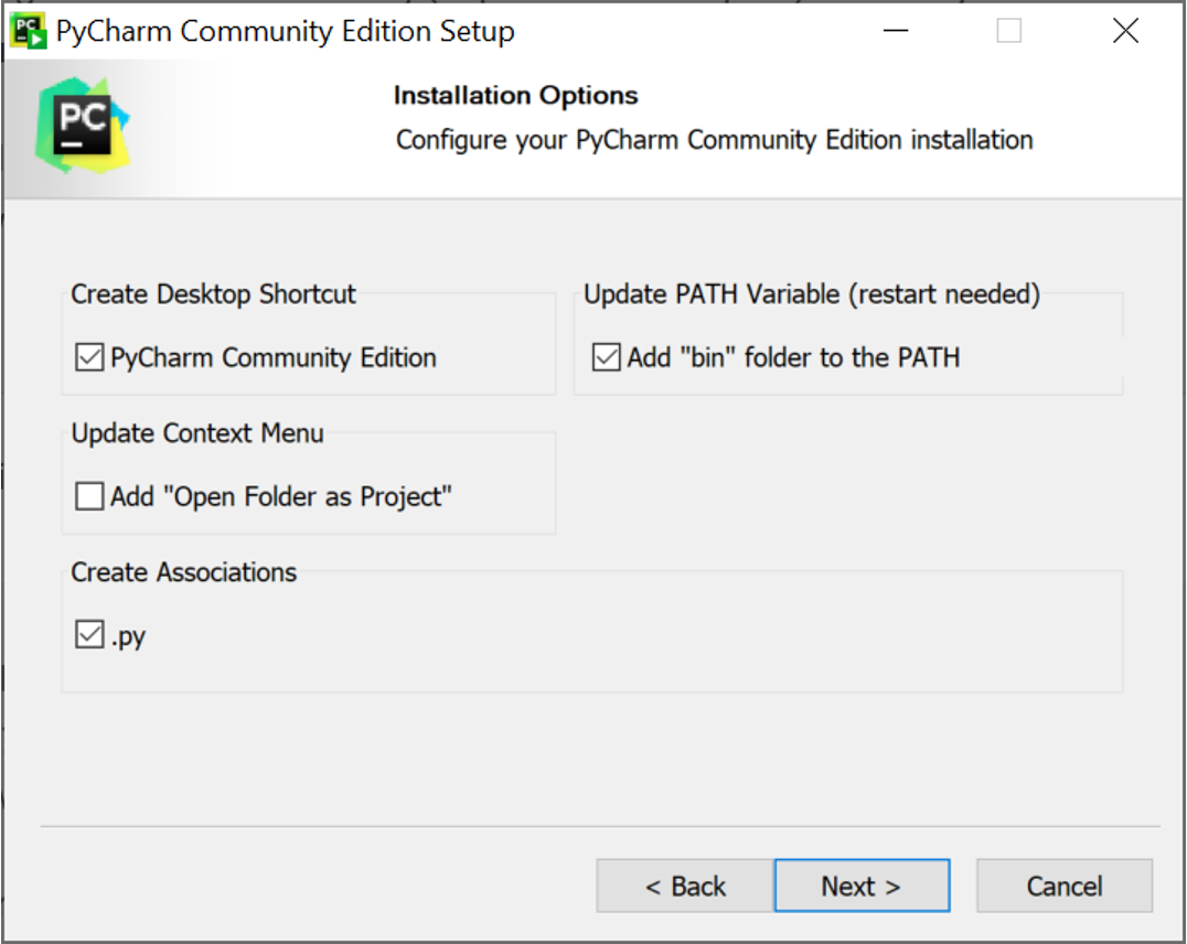 A screenshot of selected Pycharm installation options.