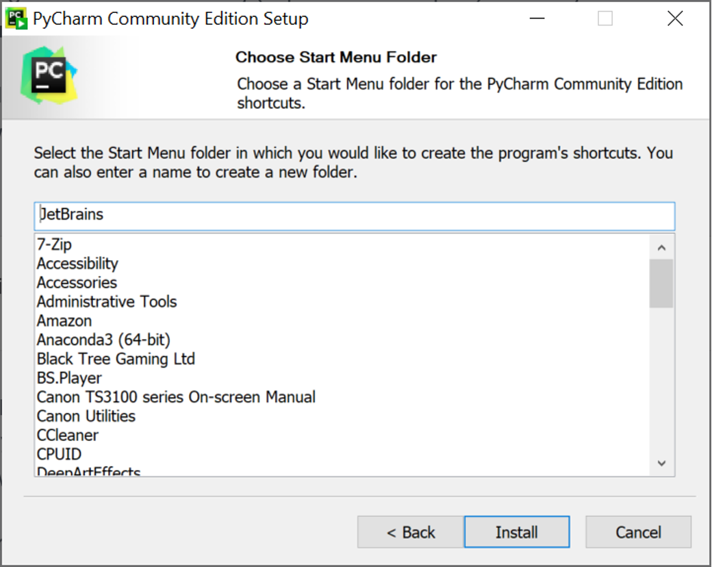 A screenshot of the Pycharm setup window, choosing a start menu folder.