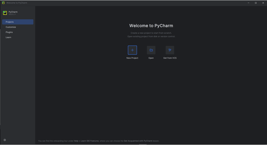 A screenshot of the PyCharm welcome screen.