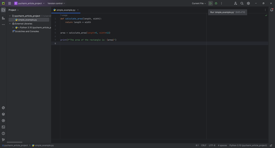 A screenshot of the Run tool window in PyCharm.