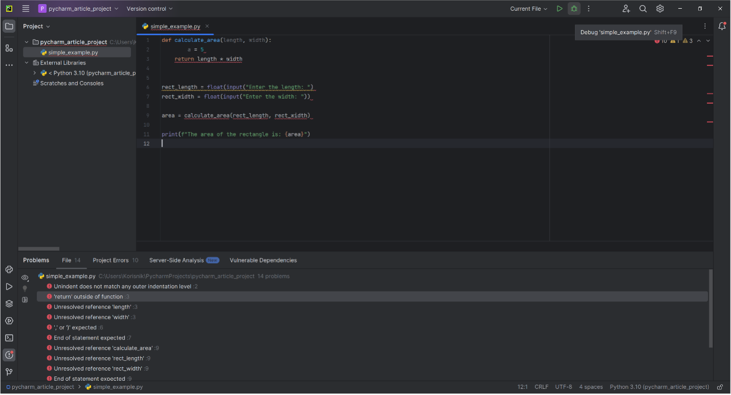 A screenshot of PyCharm highlighting the "Debug" buttom in the top rightcorner.