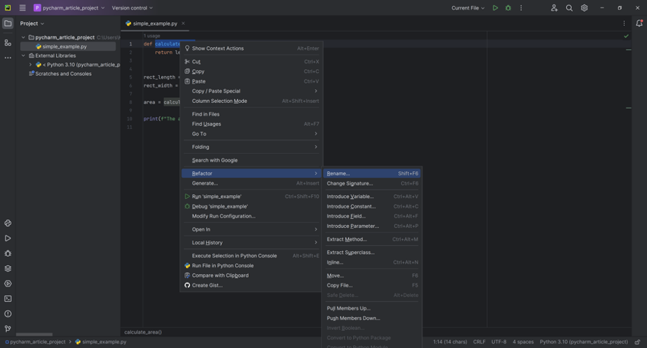 A screenshot of PyCharm showing how to rename a function by refactoring.