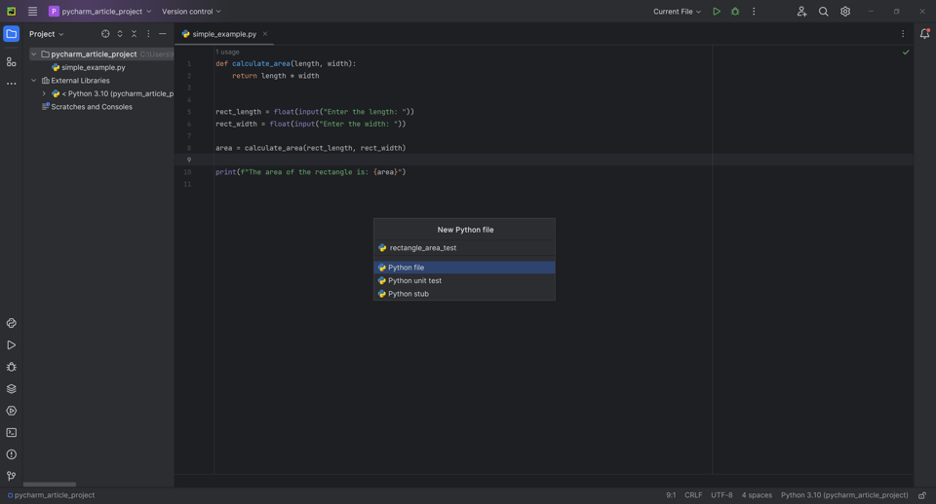 A screenshot showing how to create a new file in PyCharm.