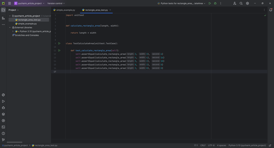 A screenshot showing how to run a test on PyCharm.