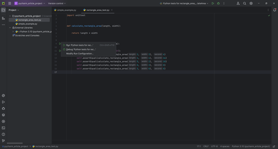 A screenshot showing how to debug code while testing it in PyCharm.