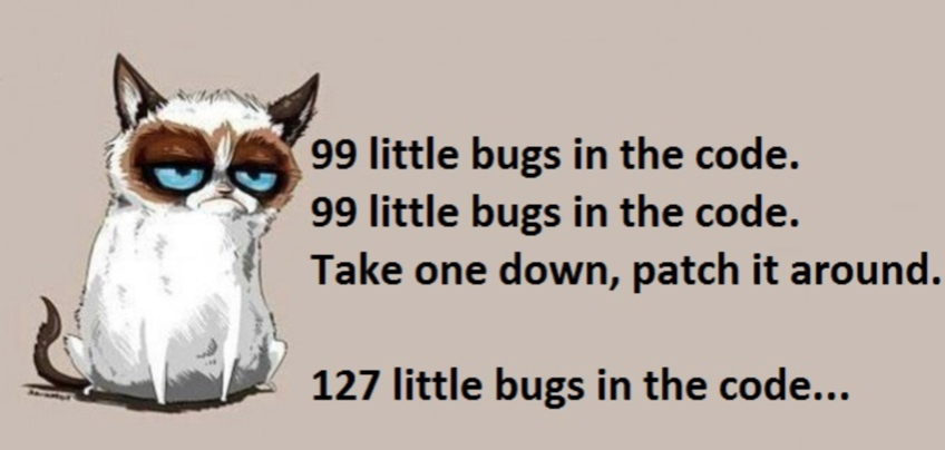 A cat looks bored while thinking about writing code and having to debug over and over in a joke: "99 little bugs in the code. 99 little bugs in the code. Take one down, patch it around. 127 little bugs in the code ..." 