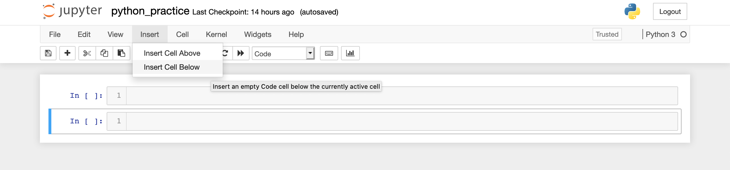 Insert cell above and insert cell below in Jupyter notebook