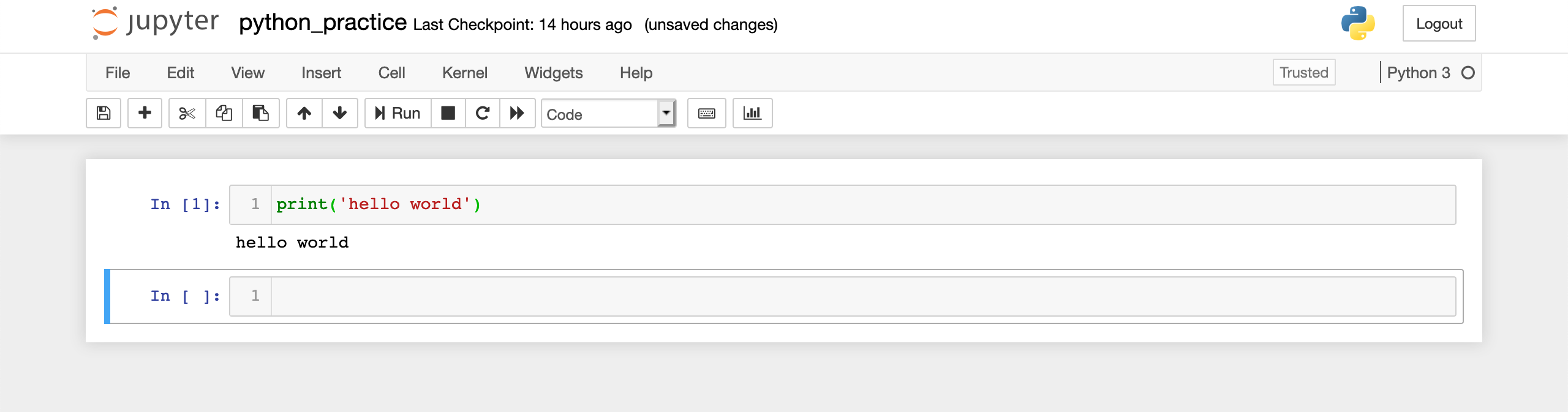 Running print('hello world') in a Jupyter notebook cell