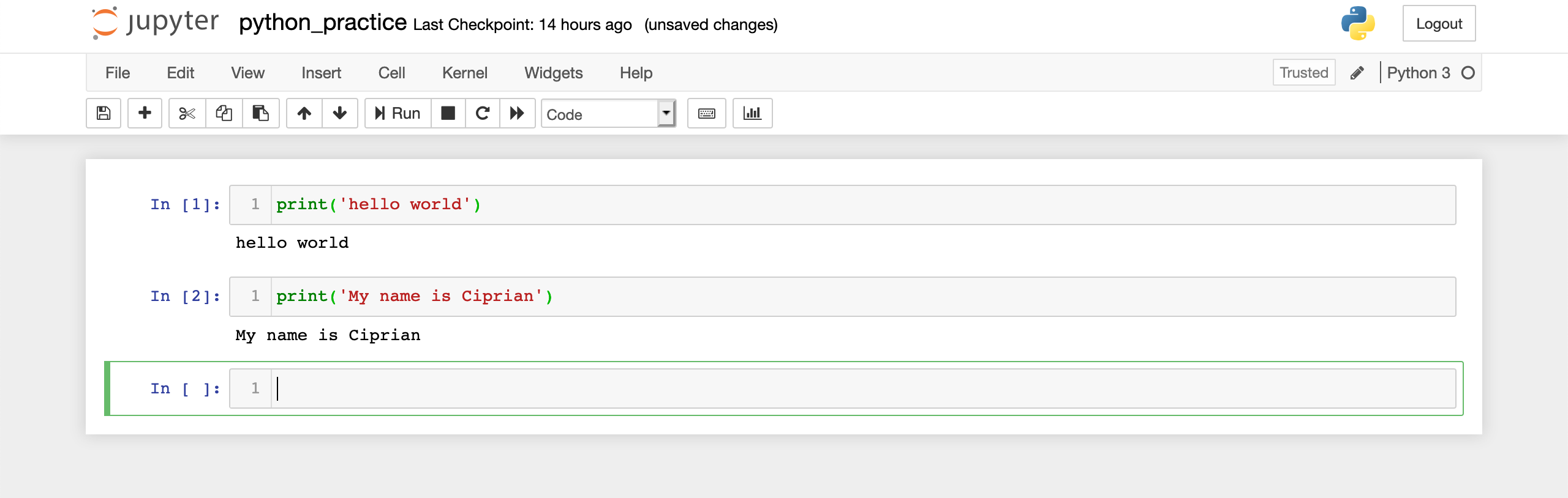 Printing "My name is Ciprian" in Jupyter notebook