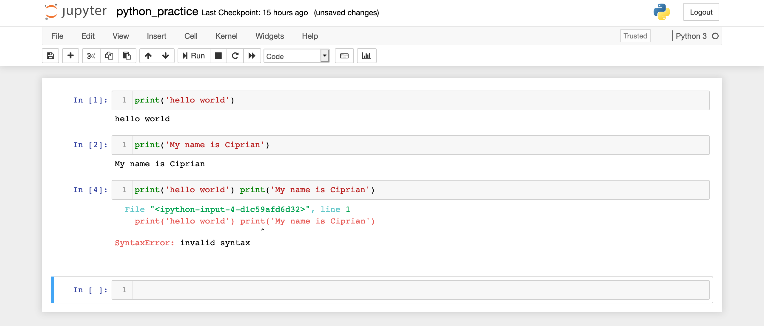 Example of invalid syntax in Jupyter Notebook