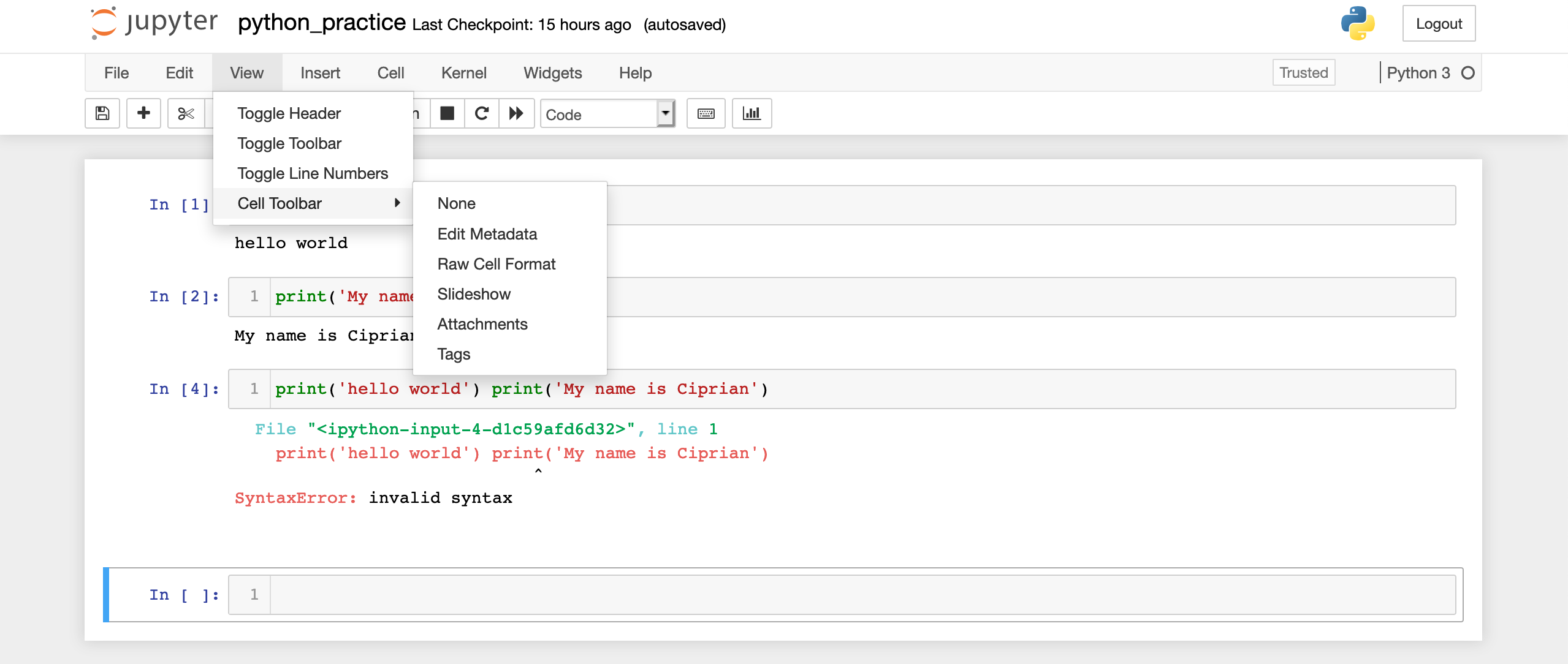 The view menu in Jupyter notebook