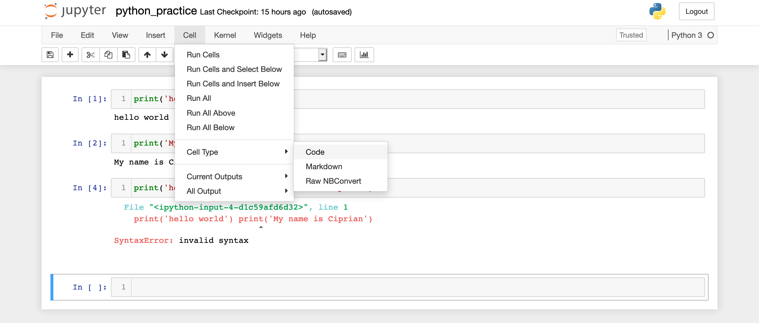 The cell menu of a Jupyter notebook