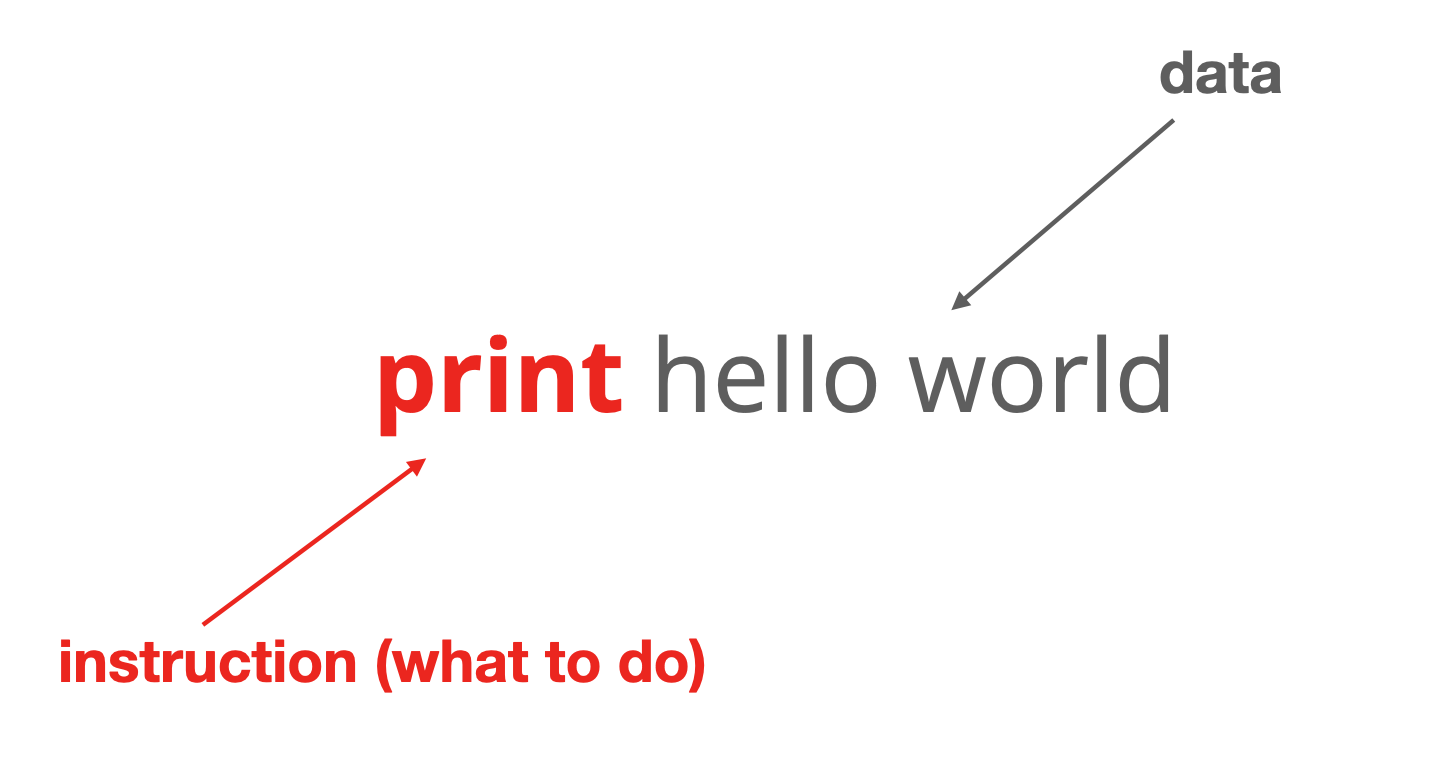 Example of "print hello world" showing "hello world" is the data.