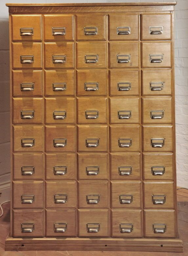 A shelf with many drawers that work like computer memory