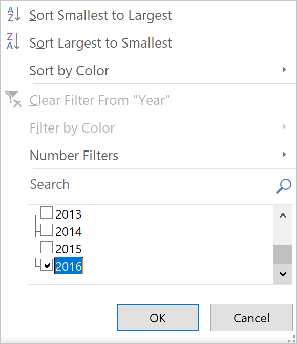 select filtering option in Excel